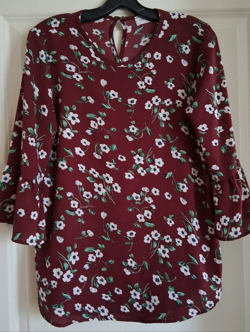 "Ces Femme" Women's Floral Maroon Blouse 3/4 Bell Sleeves Size Medium